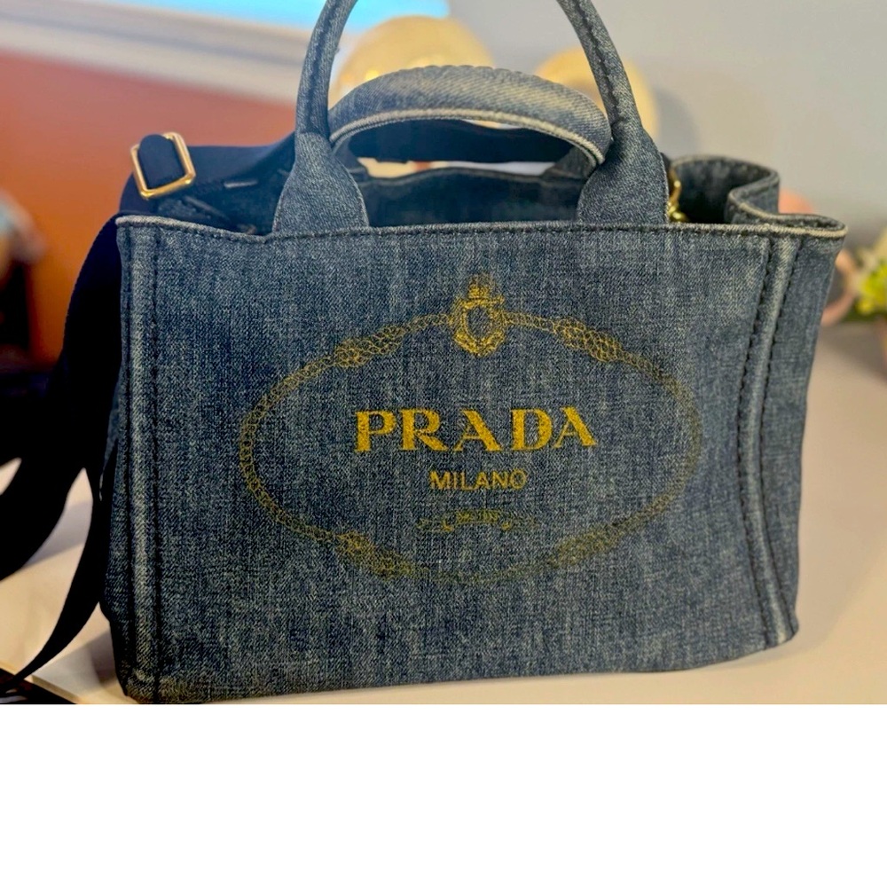 Prada Canapa Tote Logo Crossbody Strap Large Bag Gold Hardware Blue Denim Purse